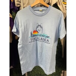 vtg 80s TOK ALASKA SLEDDOG Tee medium //  blue sledding hiking huskie animal dog